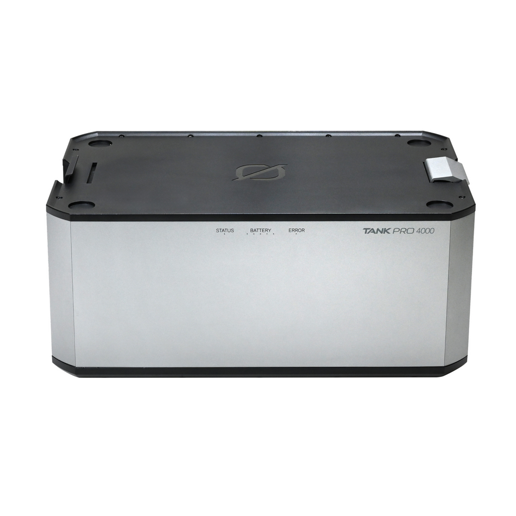 Goal Zero Tank PRO 4000 photographed head-on against white: a wide silver aluminium-bodied battery with a black top and black base, the Goal Zero circular emblem centered on the top face, recessed stacking pockets at each top corner, and a front panel labelled 'STATUS', 'BATTERY' and 'ERROR' above small indicator dots with 'TANK PRO 4000' printed at the upper right. No host station is shown.